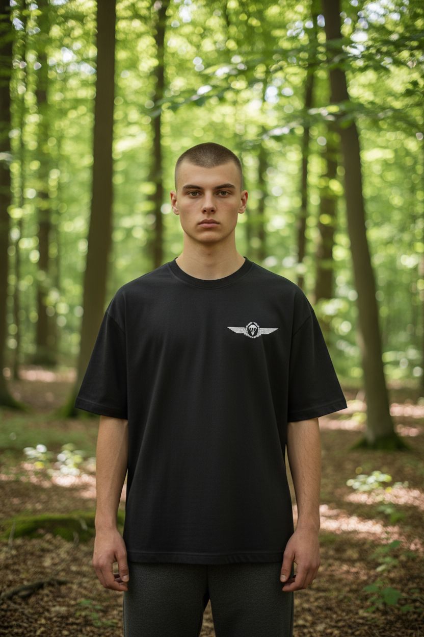 Mann im Wald trägt Shirt mit kleinem Emblem